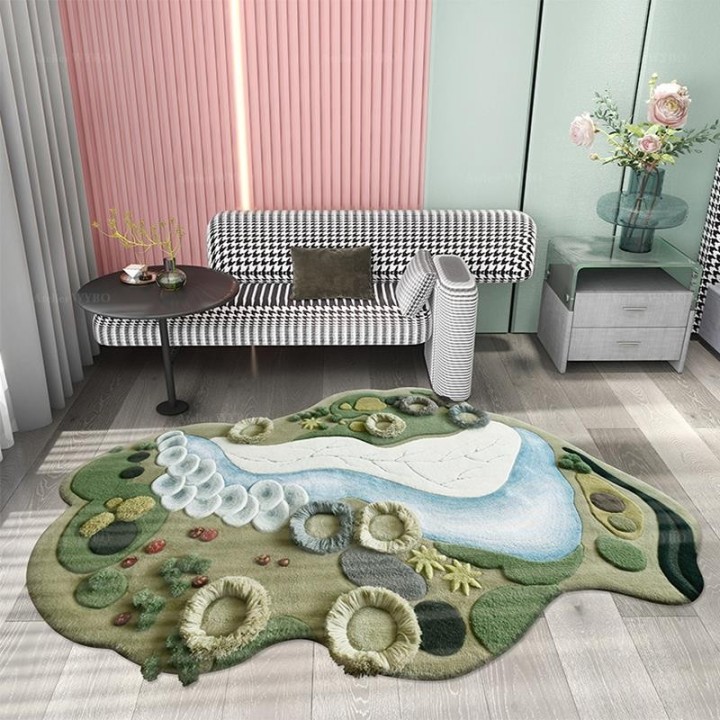 Tapis 3D pour salon moderne, paysage féerique velours épais en relief.