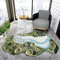 Tapis contemporain design 3D velours épais en relief, jolis champignons et mousse au bord de la rivière.