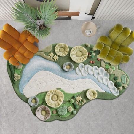 Tapis 3D salon moderne champignons, pelouse et rivière, velours épais en relief.