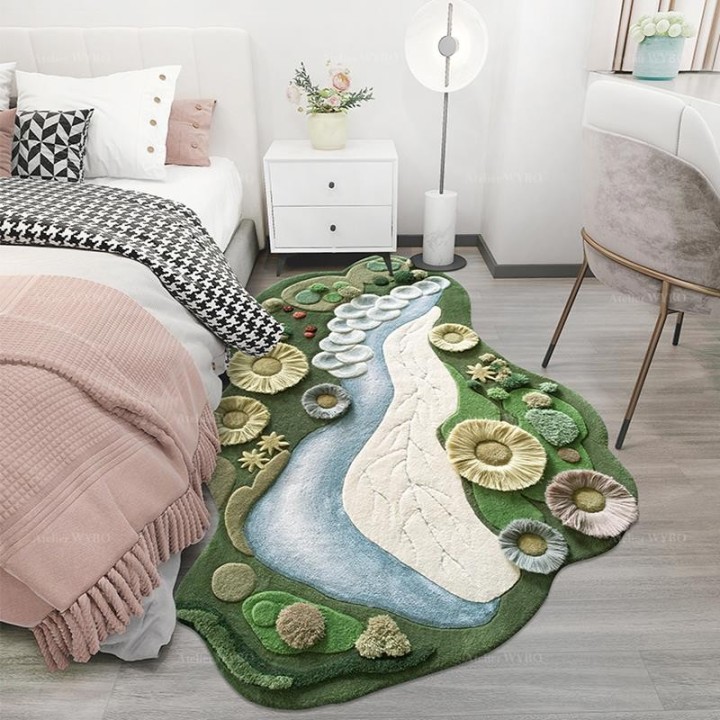 Tapis 3D contemporain descente de lit, velours sculpté en relief. Champignons, mousse et lichen au bord de la rivière.