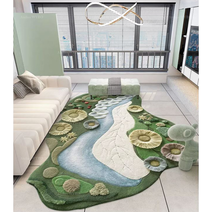 Tapis design insolite pour un salon moderne, rivière avec champignons géants et lichen.