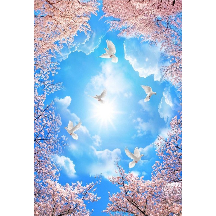 plafond tendu imprimé personnalisé paysage romantique les fleurs de cerisier sous le soleil de printemps