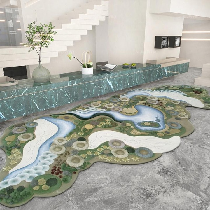 Tapis 3D original pays de merveille, champignons, pelouse lichen et rivière, velours épais en relief.