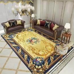 Tapis salon motif symétrique fleurs et feuillages en relief, fond jaune bordure bleu foncé.