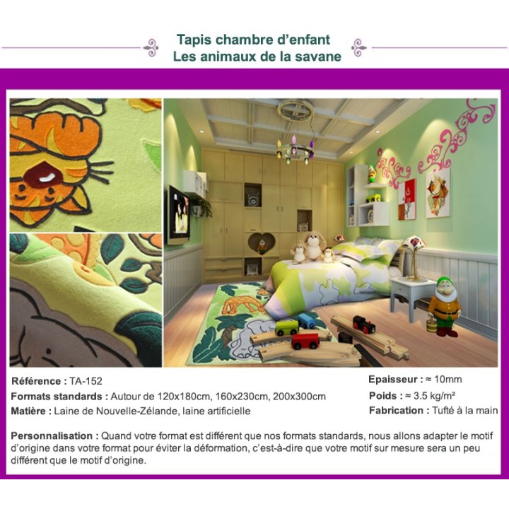 Tapis laine en relief fait à la main; décoration chambre d'enfant amusant.