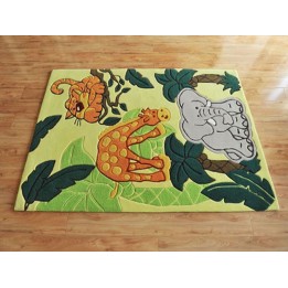 Tapis ludique chambre bébé, enfant, éléphant, girafe et lion dans la savane.
