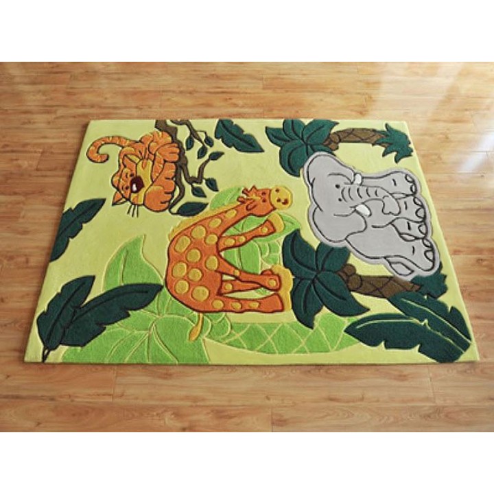 Tapis ludique chambre bébé, enfant, éléphant, girafe et lion dans la savane.
