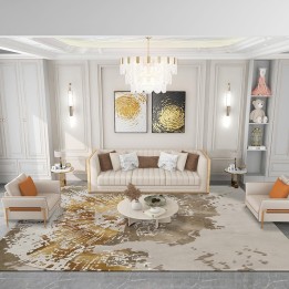 Tapis Laine Jaune-Doré Fond Gris et Marron Salon Séjour Fait à la Main