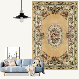 Tapis Salon En Relief Motif Symétrique Fleur Feuillage Fond Jaune Désert