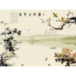 papier peint chinois tapisserie panoramique paysage avec le poème les fleurs et les bambous