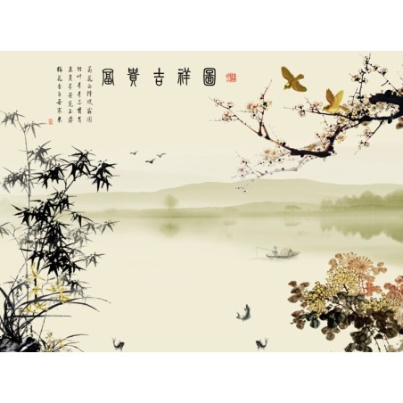 Papier peint chinois esprit Zen - Paysage avec le poème, les fleurs et les bambous