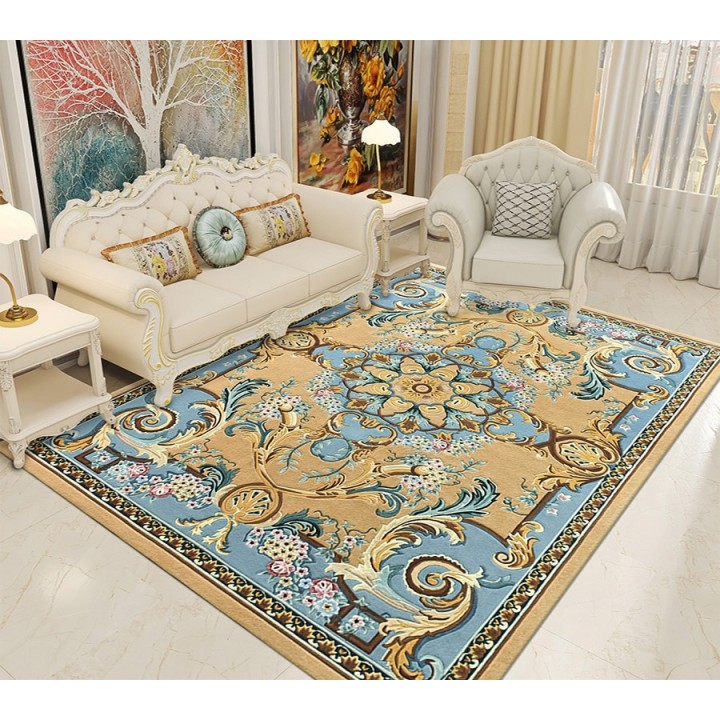 Tapis symétrique fleurs et feuillages sur fond jaune et bleu.