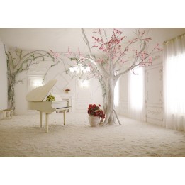 Papier Peint Photo Trompe l'œil 3D Arbre Rose Piano Blanc 