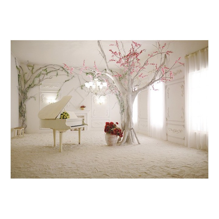 Papier Peint Photo Trompe l'œil 3D Arbre Rose Piano Blanc 