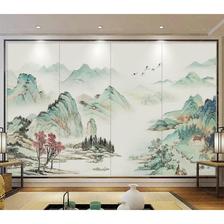 Papier Peint Chinois Salon Séjour Montagne Et Rivière Dans La Sérénité