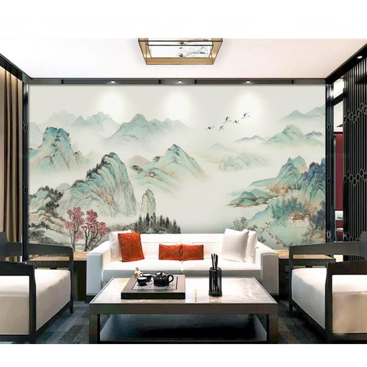 Papier Peint Chinois Salon Séjour Montagne Et Rivière Dans La Sérénité