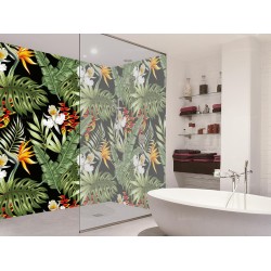 Parois de douche décoratifs design tropical, orchidées, oiseaux de paradis et heliconias sur fond noir.
