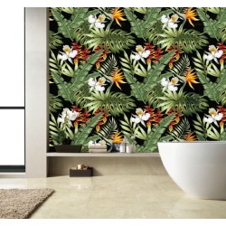 Papier peint étanche mur de baignoire, plantes et fleurs tropicales dans la jungle.