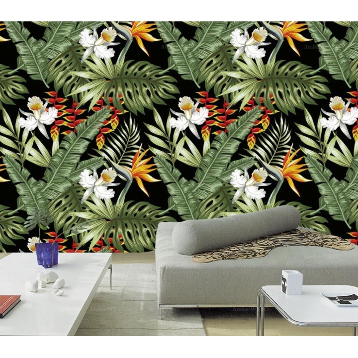 Tapisserie plante tropicale fleur exotique orchidée oiseau de paradis