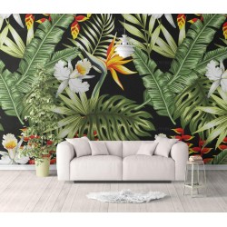 Papier peint tropical fond noir - Les plantes et fleurs exotiques de la jungle