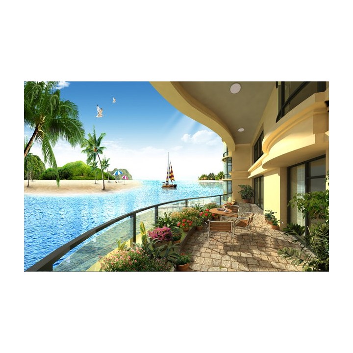 ppier peint romantique personnalisé trompe l'oeil effet 3D paysage de la mer tropicale extension d'espace