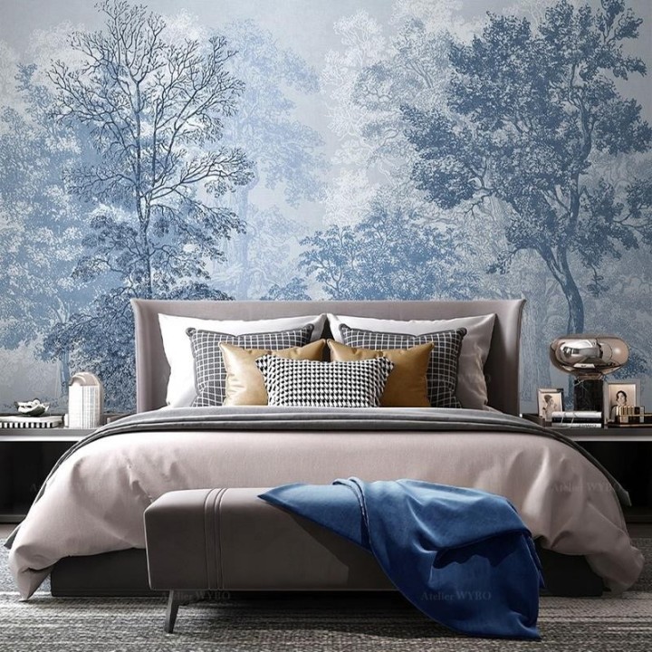 Papier Peint Design Scandinave Salon Couleur Bleue Claire Forêt Arbres