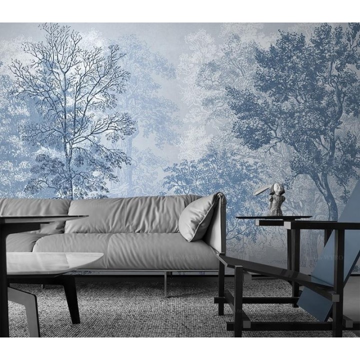 Papier Peint Design Scandinave Salon Couleur Bleue Claire Forêt Arbres