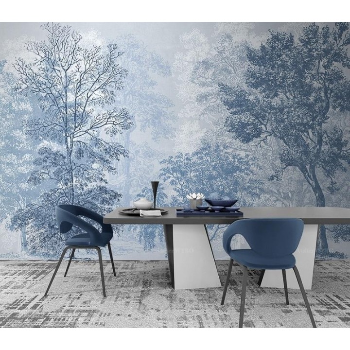 Papier Peint Design Scandinave Salon Couleur Bleue Claire Forêt Arbres