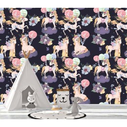 Idée déco chambre fille papier peint fantaisie licorne ton rose violet