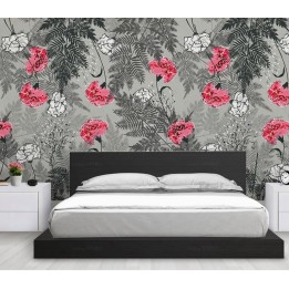Tête de lit florale ambiance campagne œillets roses fougères fond gris