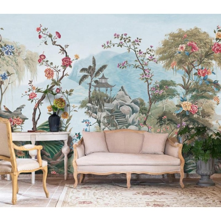 Papier Peint Panoramique Belvédère Japonais Fleurs Plantes Jardin Tropical