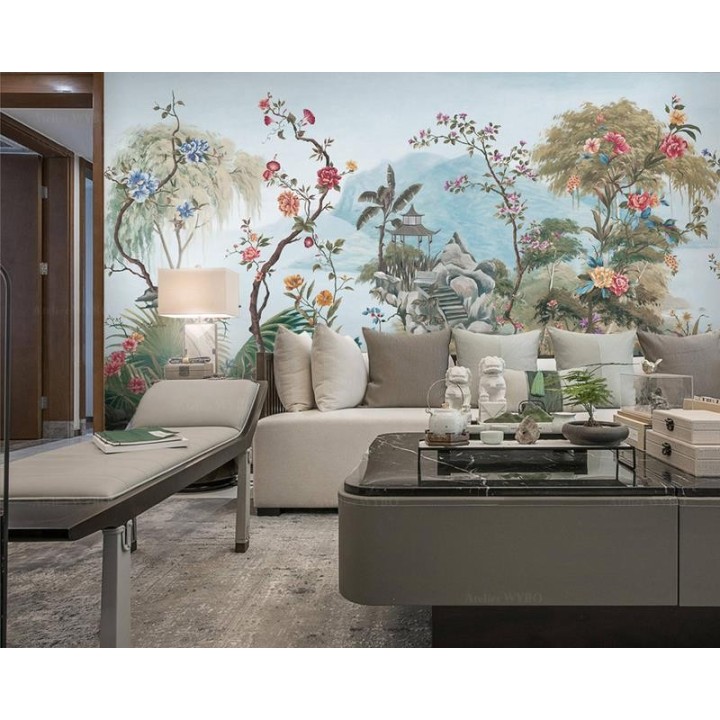 Papier Peint Panoramique Belvédère Japonais Fleurs Plantes Jardin Tropical