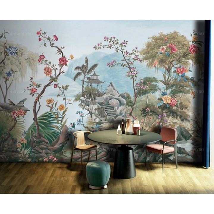 Papier Peint Panoramique Belvédère Japonais Fleurs Plantes Jardin Tropical