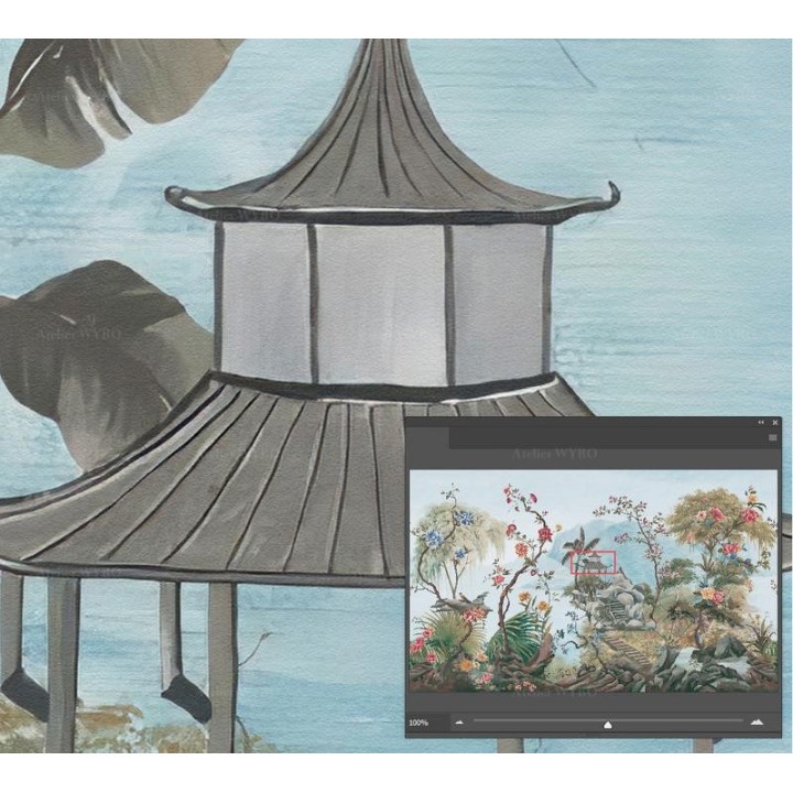 Papier Peint Panoramique Belvédère Japonais Fleurs Plantes Jardin Tropical
