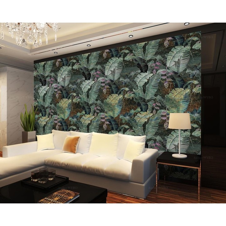 Tapisserie vintage plante et fleurs de la jungle, déco salle de séjour ambiance tropicale.