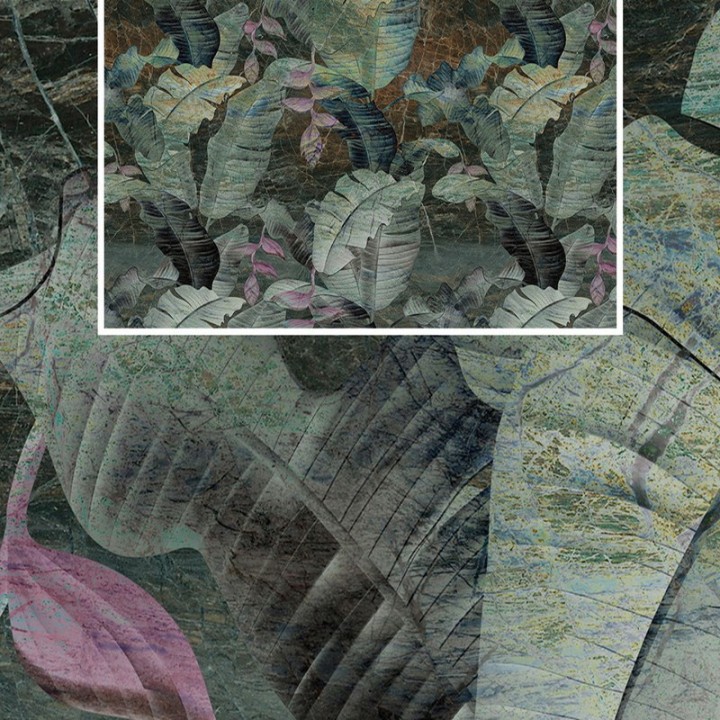 Papier peint tropical feuilles de bananier aspect ancien.