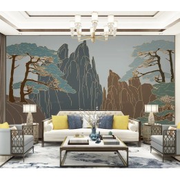 Panneau japonais doré paysage panoramique pour salon, montagne et arbres esprit zen.