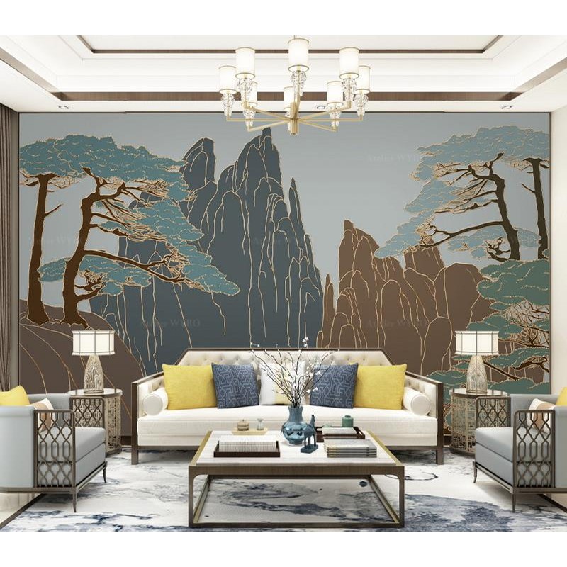 Panneau japonais doré paysage panoramique pour salon, montagne et arbres esprit zen.
