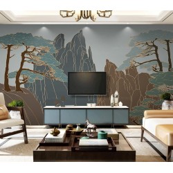 Papier peint panoramique salle de séjour, effet spécial paysage sculpté en bas relief.