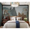 Décoration chambre japonaise, tête de lit estampe japonaise or métallisée paysage zen.