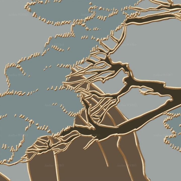 Papier peint doré effet bas relief, les arbres dans la montagne.