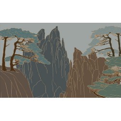 Papier peint japonais style Ukiyo-e, paysage traditionnel avec traits dorés.
