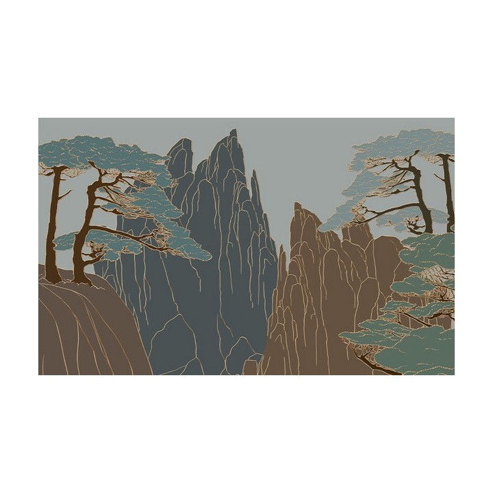 Papier peint japonais style Ukiyo-e, paysage traditionnel avec traits dorés.