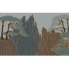 Papier peint japonais style Ukiyo-e, paysage traditionnel avec traits dorés.