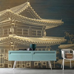 Papier peint japonais pour salon, décor temole et pavillon dorés anciens.
