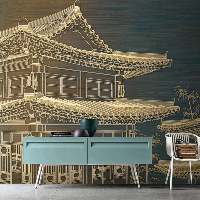 Panneau japonais pour salon, pavillon doré ancien.