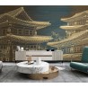 Grande tapisserie japonaise maisons traditionnelles et bambous pour une salle de réception moderne.