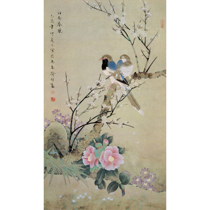 tapisserie paysage zen papier peint japonais oiseaux et fleurs printemps