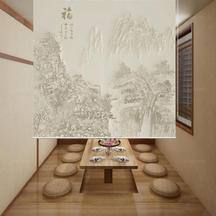 Toile imprimée panneau chinois sur mesure, ton beige  paysage de la montagne
