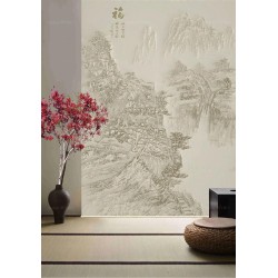 Panneau chinois effet bas relief sculpté ton beige - Paysage de la montagne